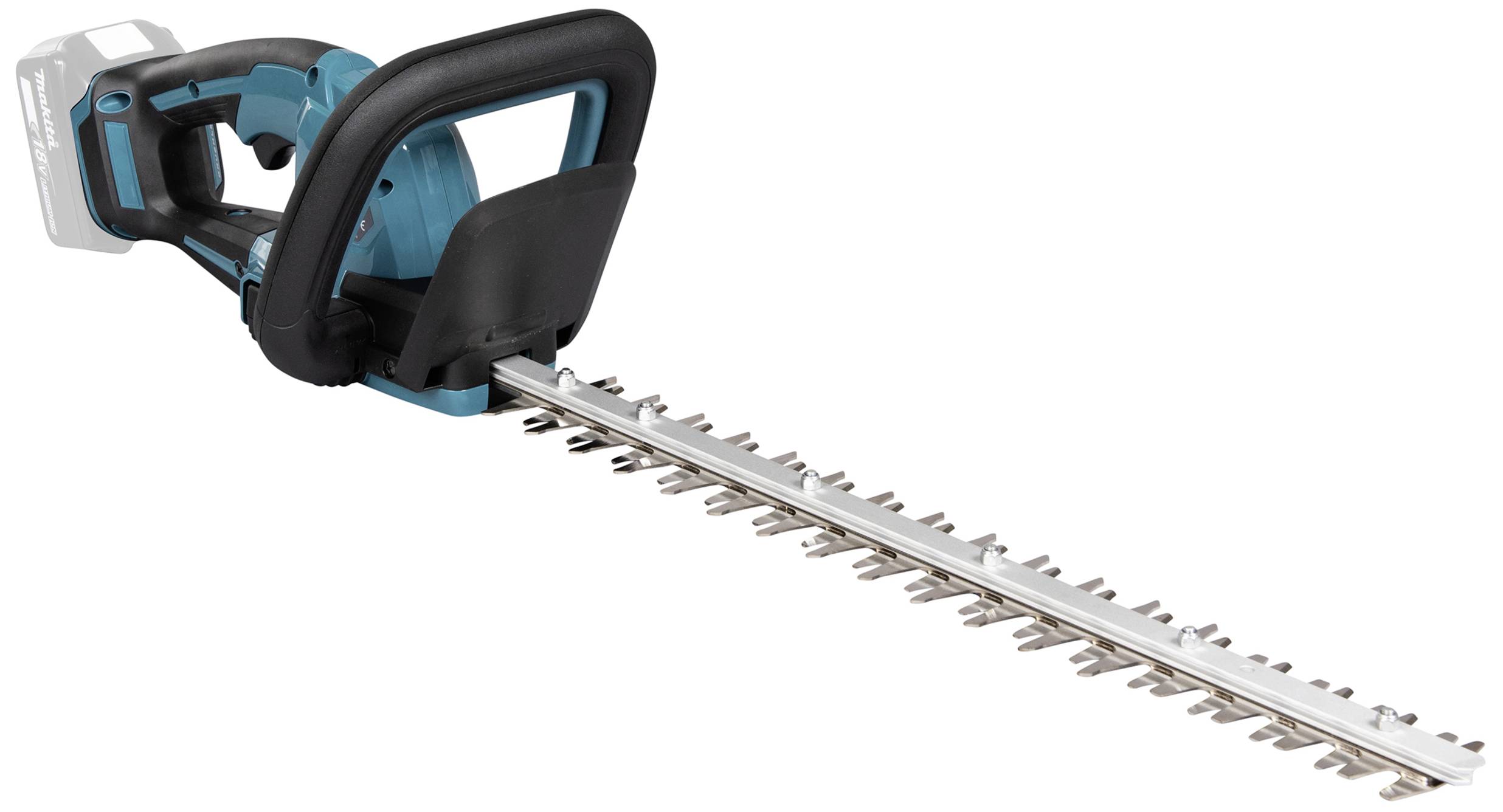 Sladdlös häcksax med svart handtag och silvriga blad, lämplig för klippning av buskar och häckar i trädgården.