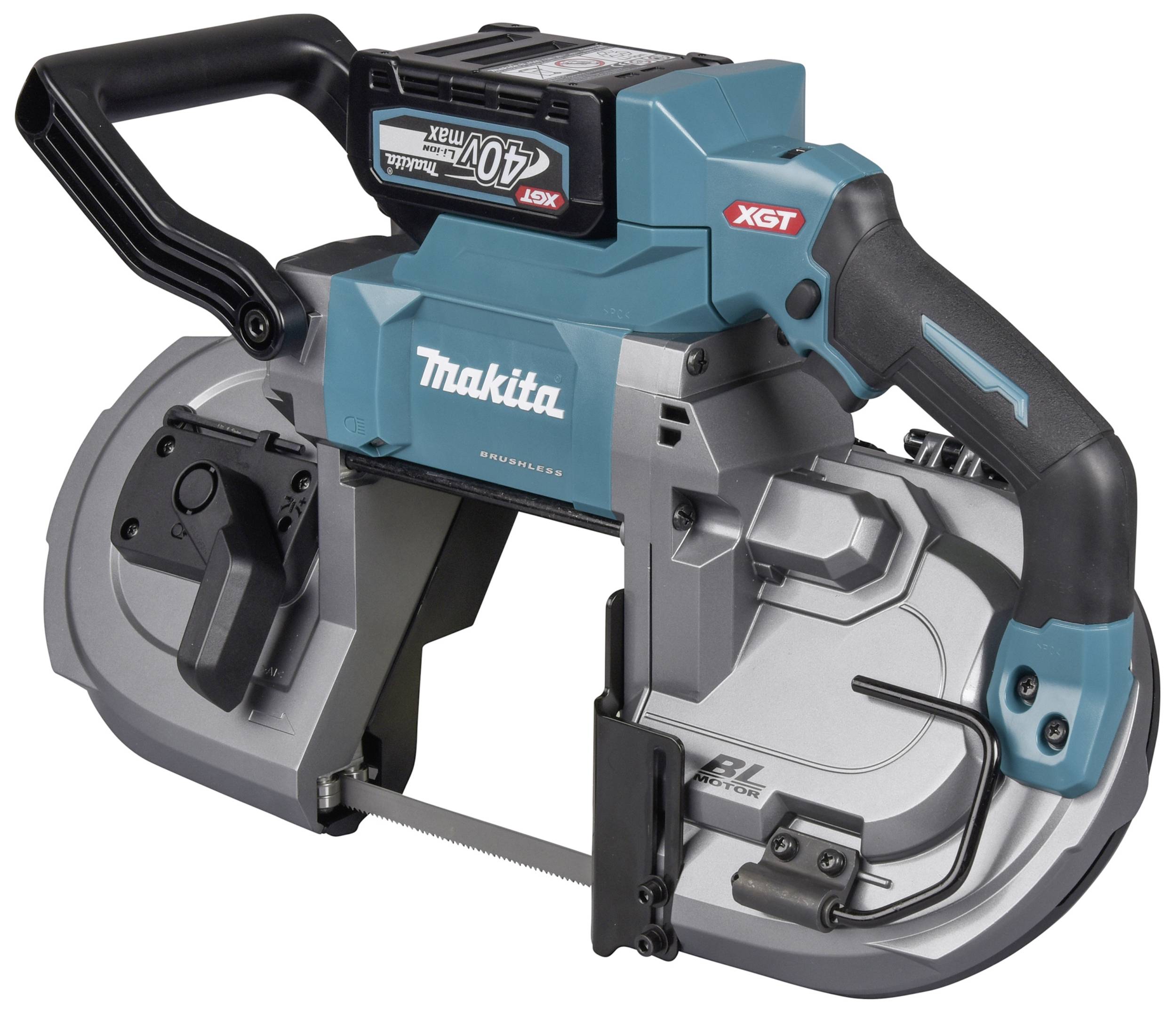 Batteridriven bandsåg i blått och grått från Makita, modell XGT, med ergonomiskt handtag och metallblad för precisionskapning.