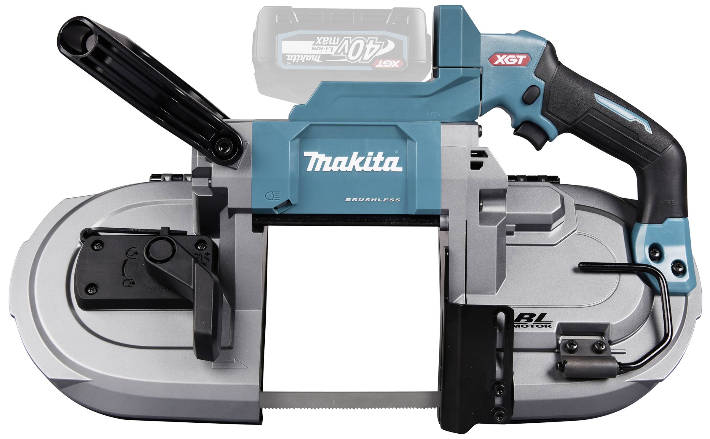 Makita batteridriven bandsåg från XGT-serien, med blått hölje och ergonomiskt handtag.