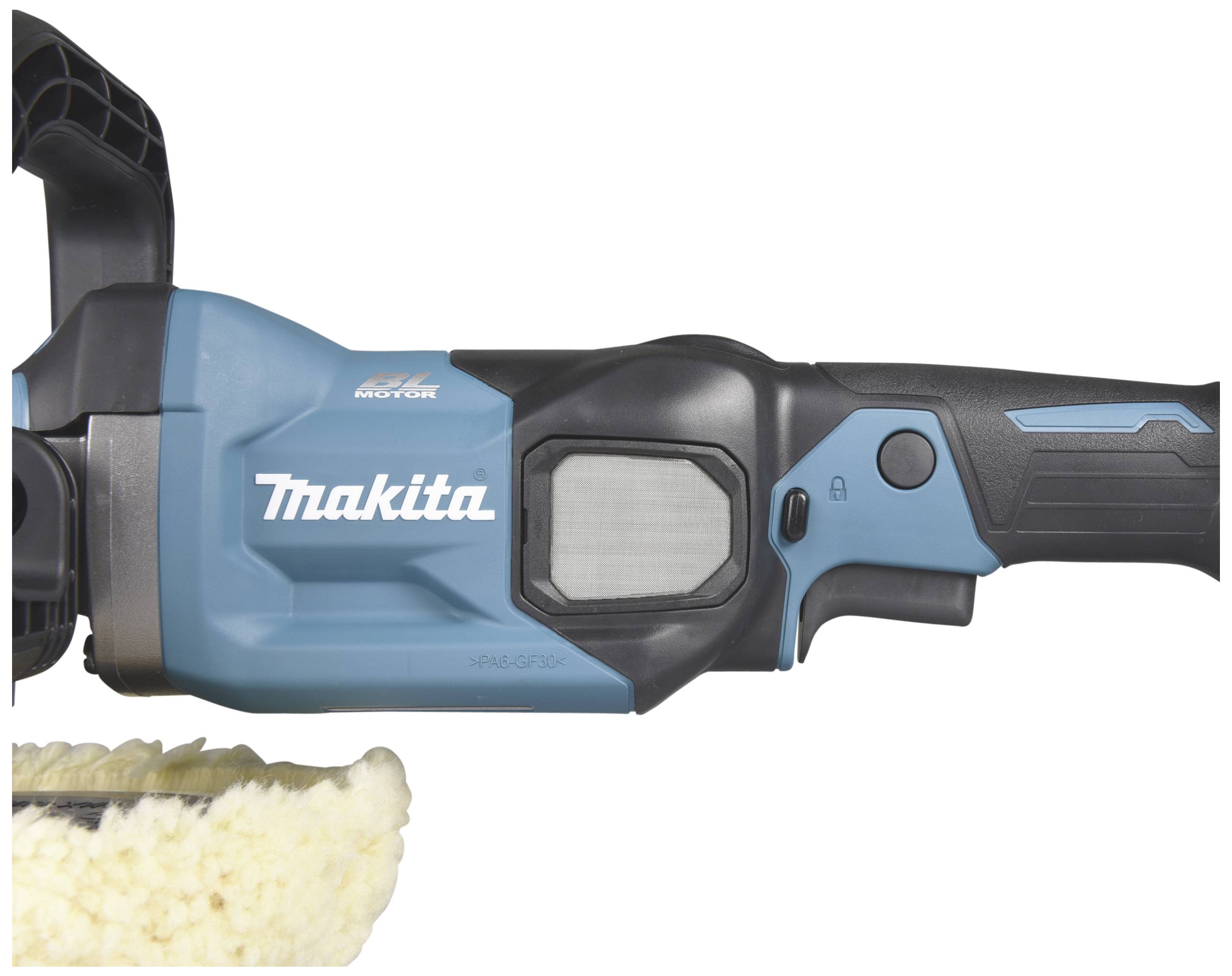Närbild av en blå och svart Makita-polermaskin, inklusive sidohandtag och polertillsats.