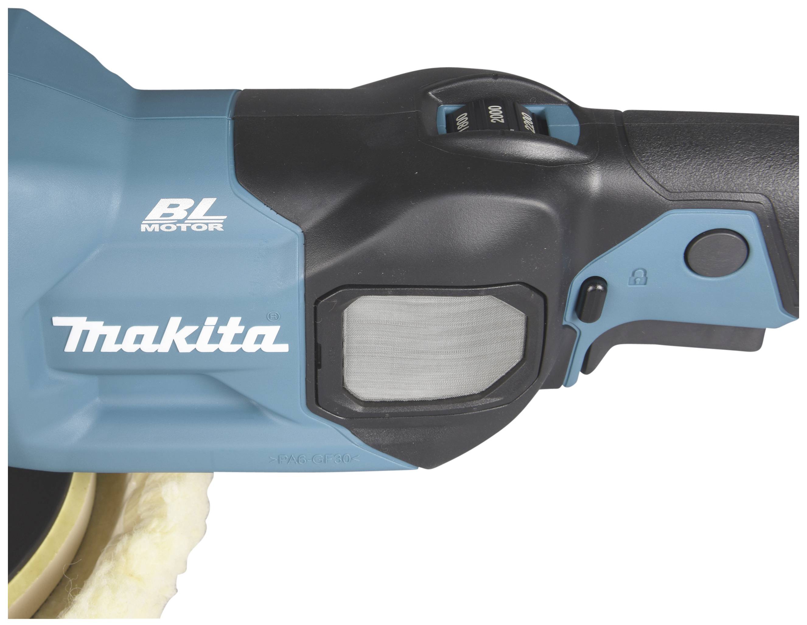 Närbild av ett blått Makita-elverktyg med texten 'BL MOTOR'. Övre delen med strömbrytare synlig.
