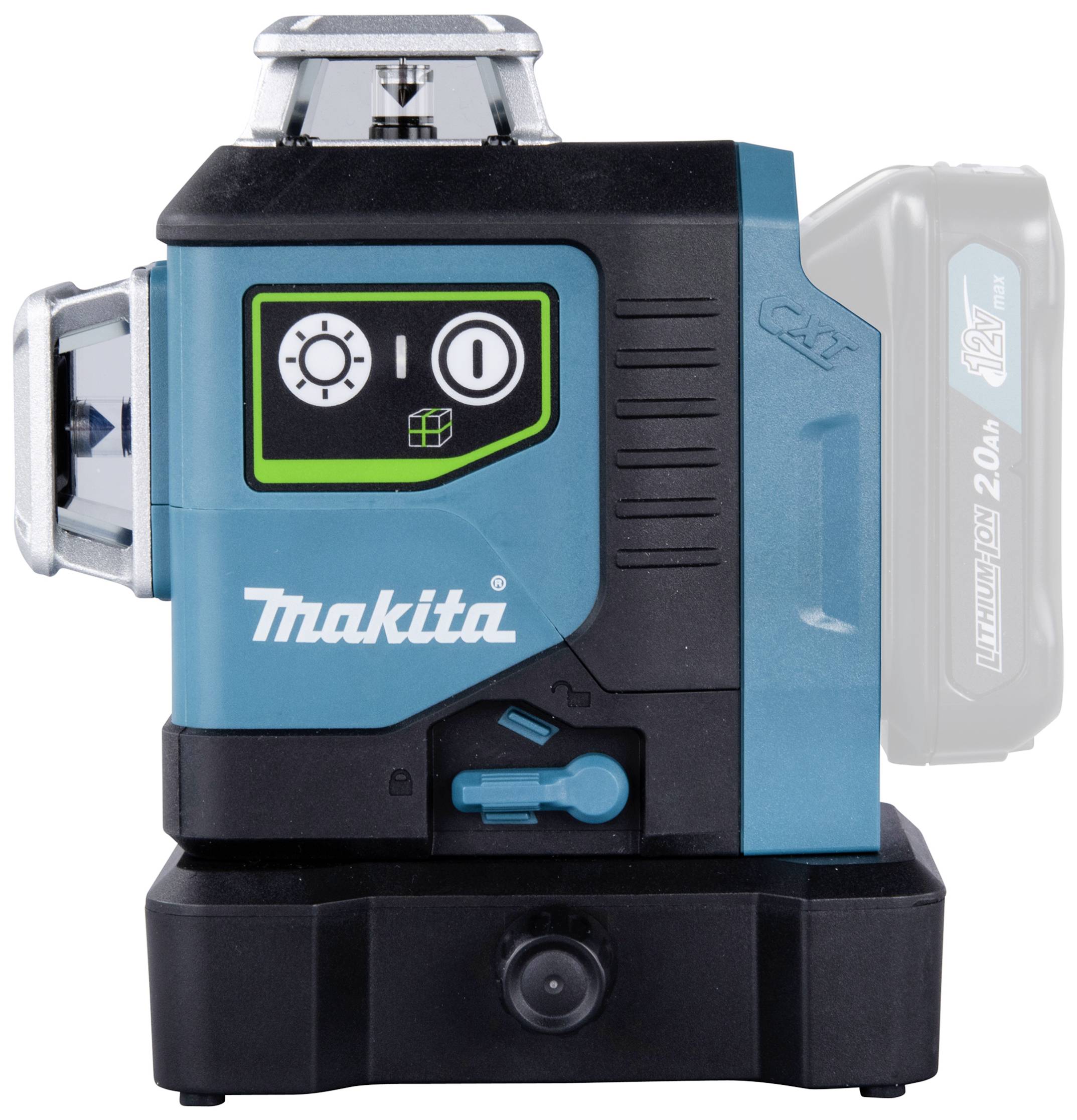 En blå-svart Makita-lasernivellör med manöverdon och batterifack på sidan, använd för preciserade mätningar.
