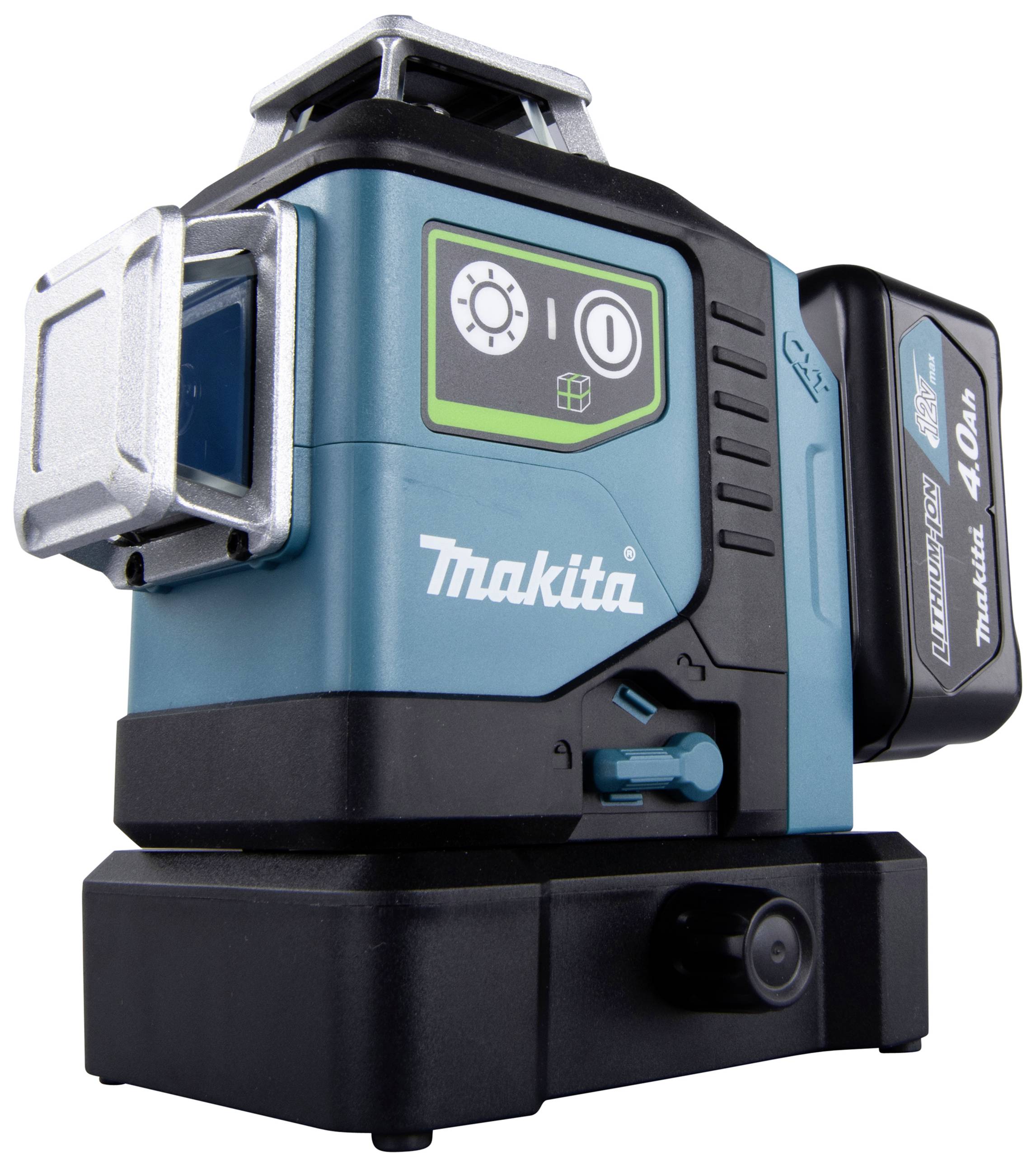 Blå och svart Makita-laser med manöverdon och logotyp, för preciserad nivellering och justering på byggarbetsplatser.