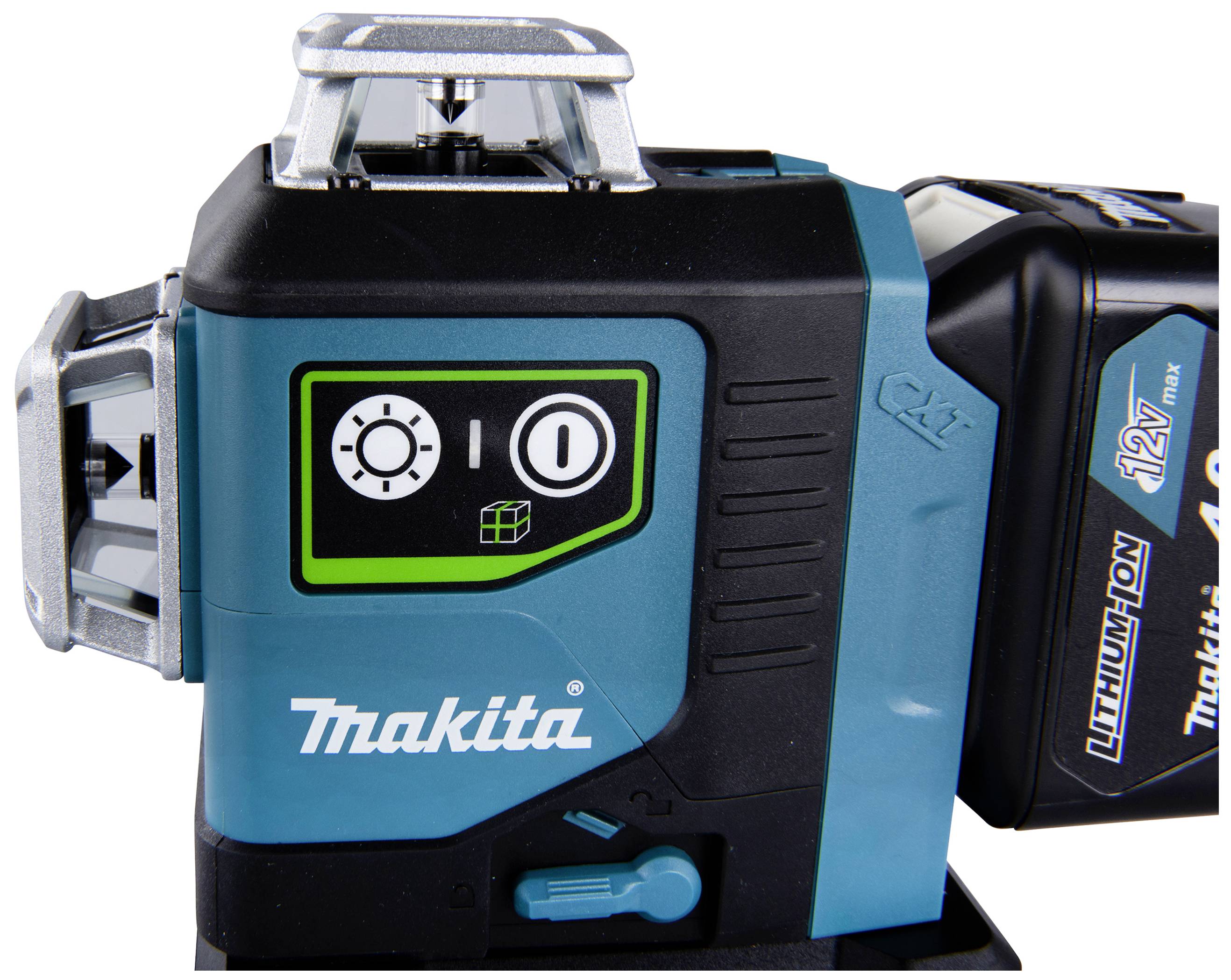 En Makita lasernivelleringsutrustning med grön display och batterifack. Den visar en nivellering och batteristatus.