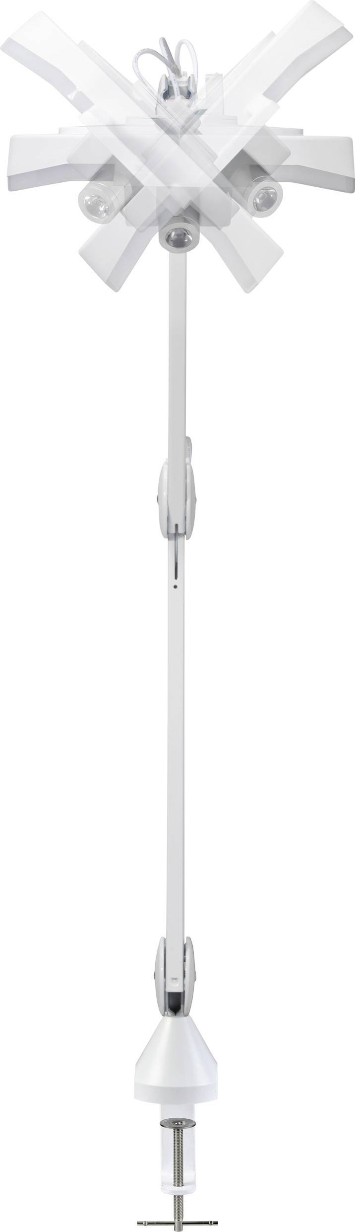 Modern vit golvlampa med flera rörliga armar och glödlampor, som hålls av ett stabilt stativ.
