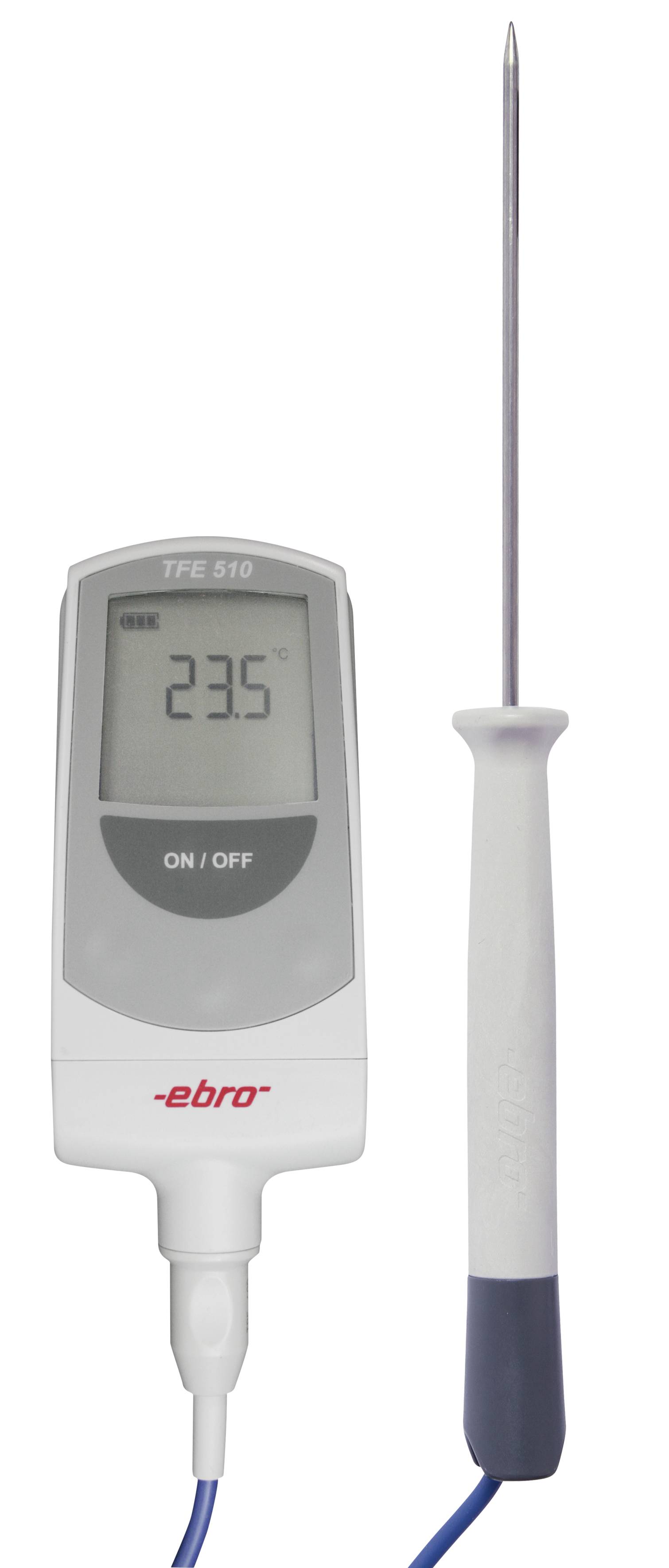 Ett digitalt termometer med en givare visar en temperatur på 23,5 grader Celsius.