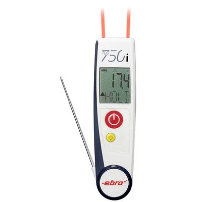 Digital termometer med nålsond, visar 17,4 grader Celsius på displayen. Varumärke 'ebro'. Huvudknapp markerad i rött.