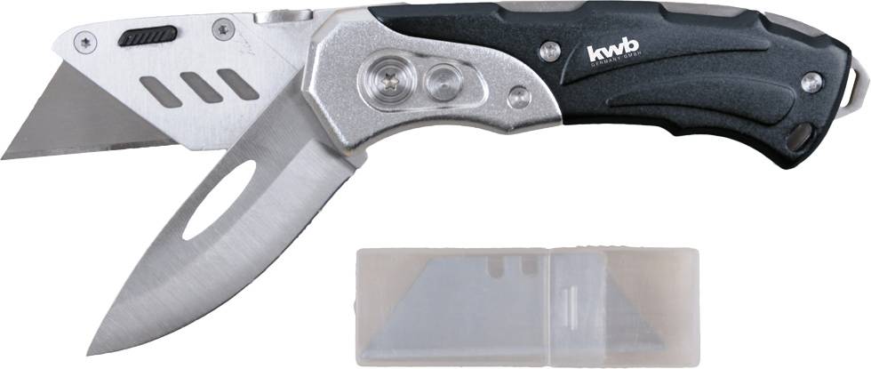 Fällkniv och mattkniv-kombination, svart handtag, utfällt blad. Reservblad i genomskinlig ask nedanför.