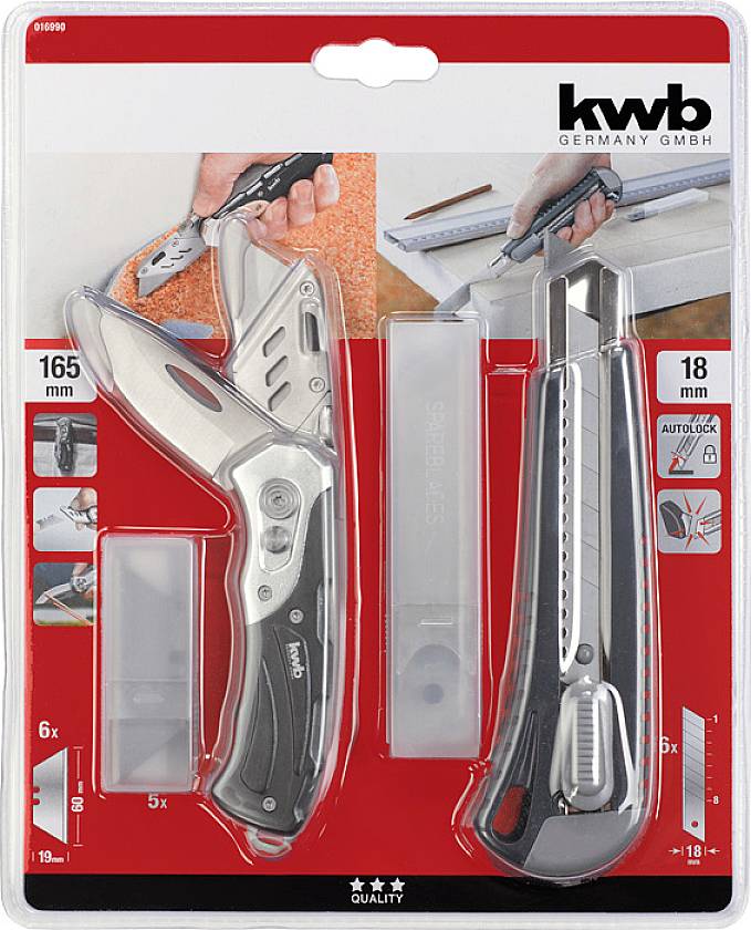 Kwb verktygssats i blisterförpackning, bestående av en vikbar cutterkniv och ett universalkniv.