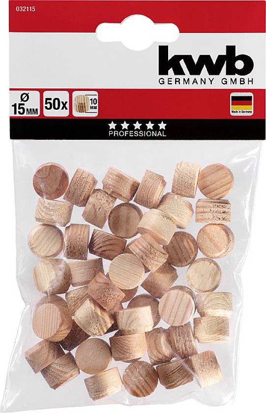 Förpackning med femtio runda, träfärgade pluggar, 15 mm i diameter, från 'kwb Germany GmbH'.