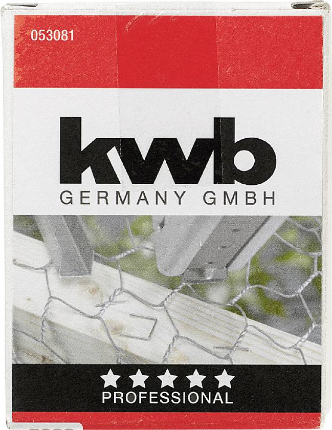 En förpackning med logotypen 'kwb Germany GmbH', under detta en bild av nätstängsel och trä, med texten 'Professional'.