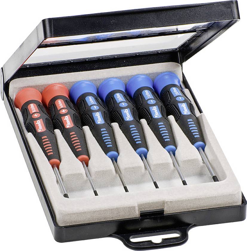 Sexdelat skruvmejselset i en svart plastlåda. Handtagen är röda och blå, lämpliga för precisionsarbeten.