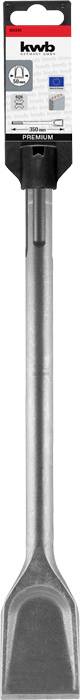 Ett silverfärgat platt mejsel som tillbehör till borrhammare. Förpackningen visar information om storlek: 40 x 250 mm och tillverkare.