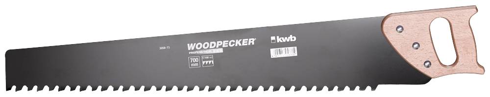 Handsåg 'WOODPECKER' från k.w.b., längd 780 mm, grova tänder, trähandtag, lämplig för träarbeten.