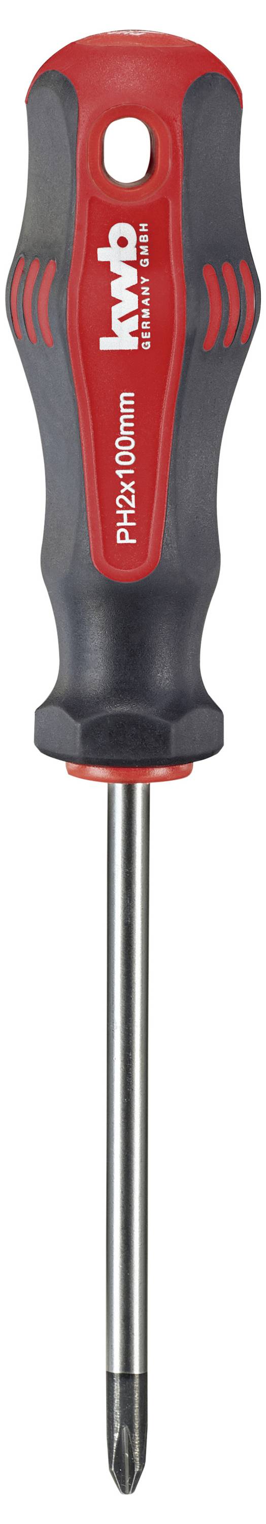 En röd och svart skruvmejsel med ergonomiskt handtag och krysspårmejselspets, modell 'PH2x100mm'.