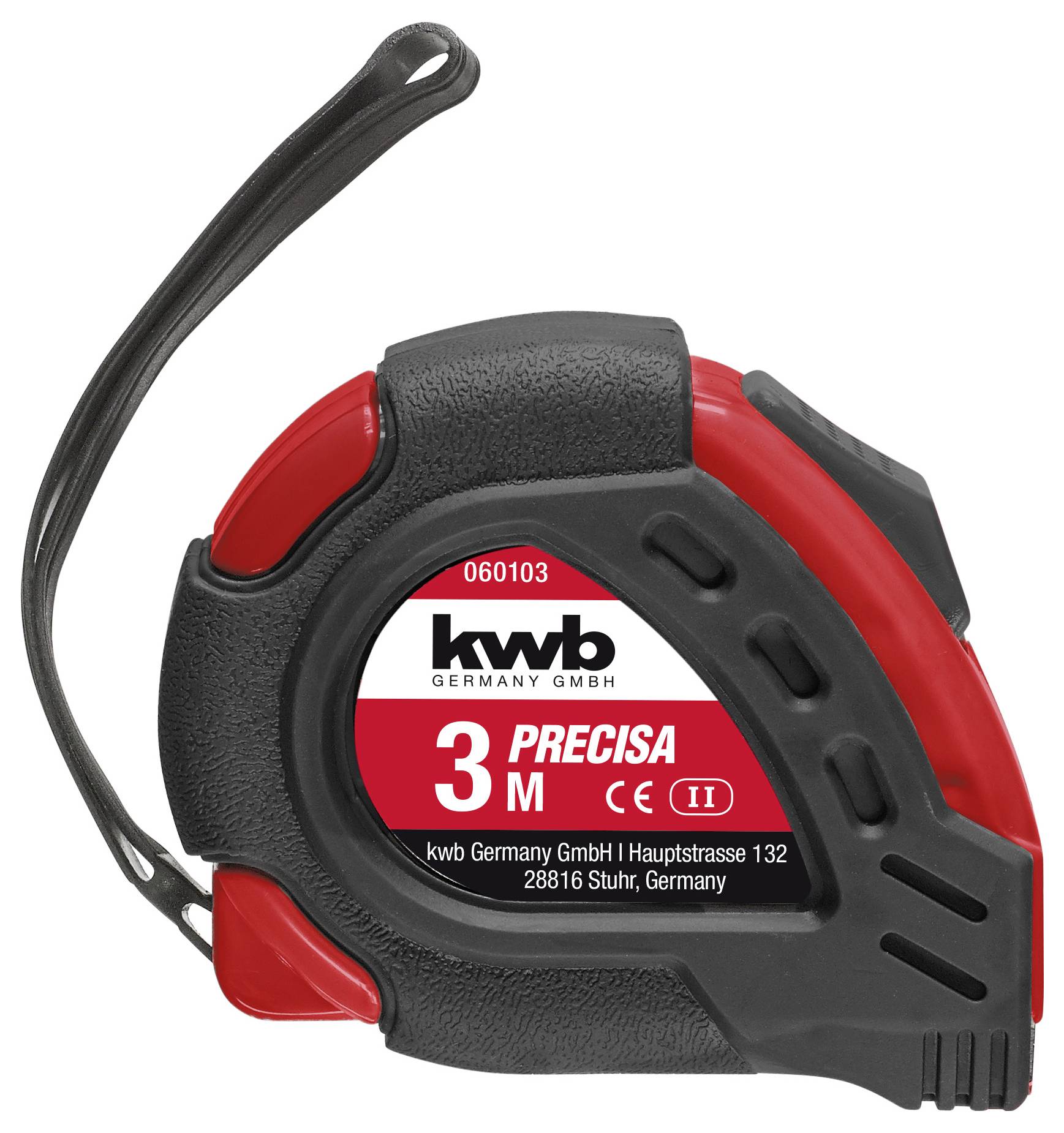 Rött och svart måttband med texten '3M PRECISA' och företagsinformation 'kwb Germany GmbH'.