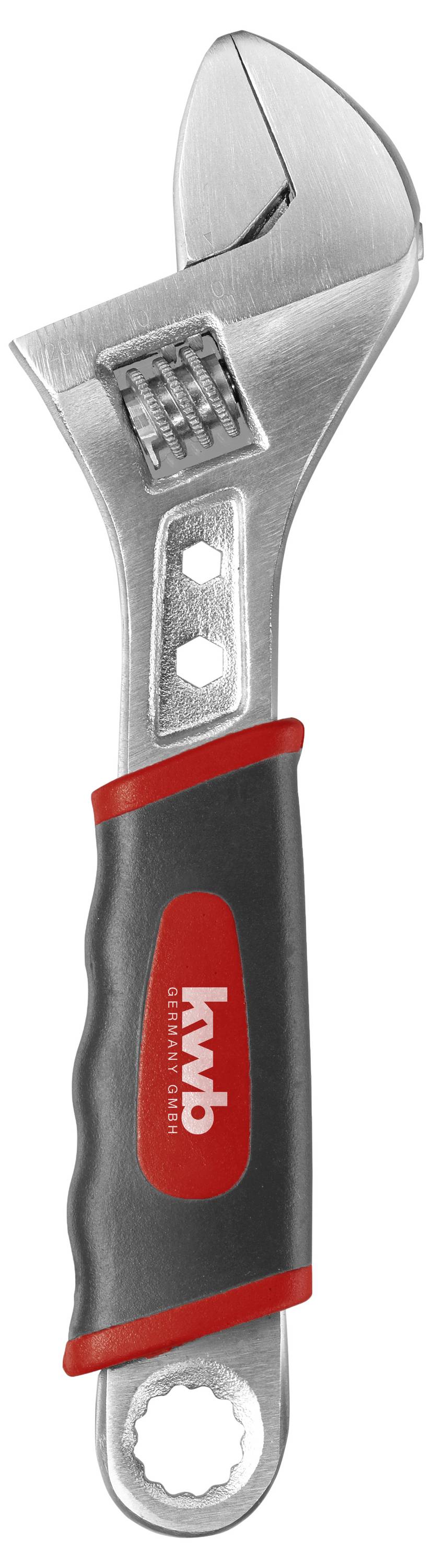 Justerbar skiftnyckel i metall med svart handtag och röda detaljer.