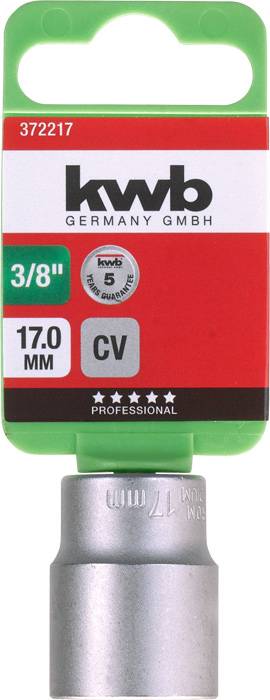 Hylsnyckel från kwb Germany GmbH: 3/8", 17,0 mm, CV-stål, serie 'Professional'. Förpackningen visar logotyp och produktinformation.