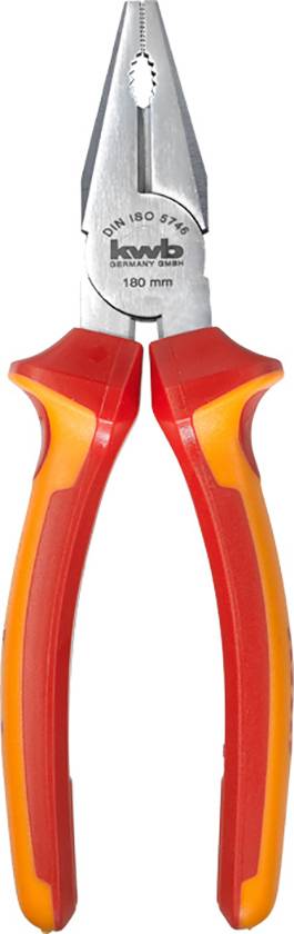 Plattång med röd och orange handtag. Metallspetsar lämpliga för att greppa små föremål. Varumärkets logotyp på verktygets huvud.