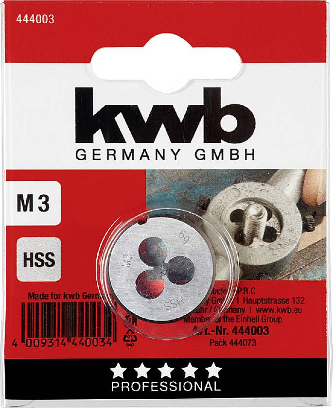 Illustration av en förpackning med en gängdragare i storlek M3 från kwb Germany GmbH, lämplig för professionella användningsområden.