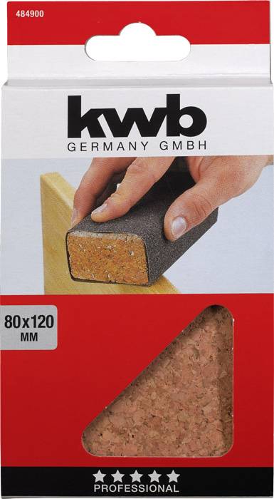 Förpackning för ett slipsvamp från varumärket kwb, storlek 80x120 mm. En hand visar produktens användning på trä.