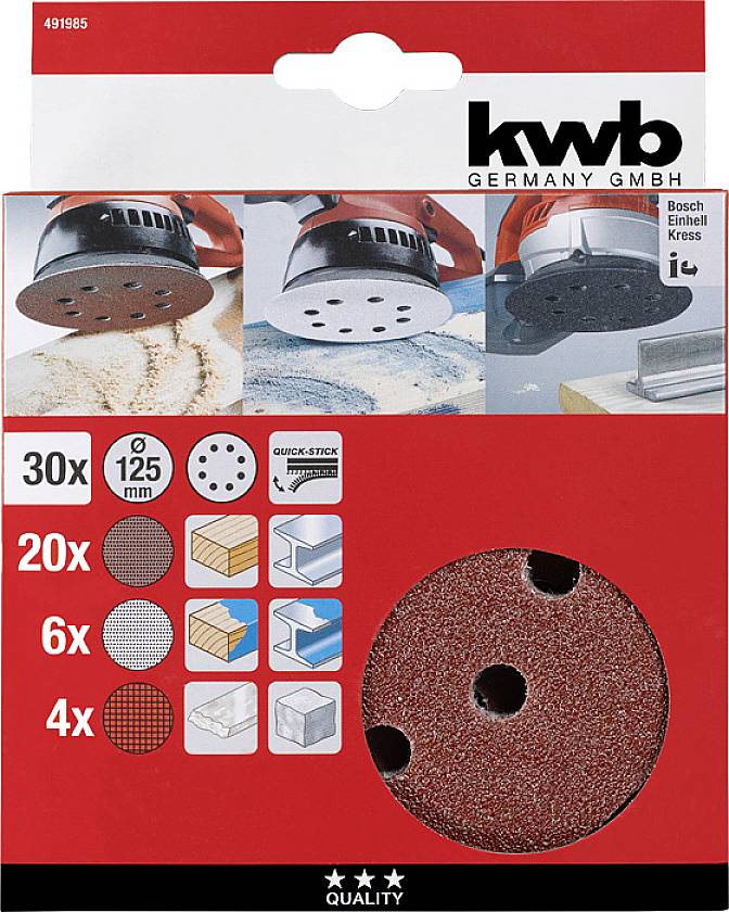 Slippappersskivor set: 30 stycken, 125 mm, för trä, lack, metall. Innehåller: 20x trä, 6x lack, 4x metall. Varumärkeslogotyp ovanför.