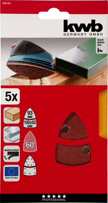Förpackning för ett slippappersset med fem röda slipark, lämpliga för oscillerande slipmaskiner. Innehåller mått och kornstorlek, tillverkade i Europa.