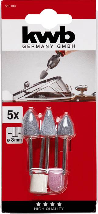 Förpackning från 'kwb Germany GmbH' med fem roterande slip- och polerverktyg, lämpliga för Dremel-enheter, diameter 3 mm.