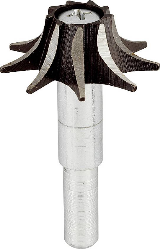 En silvermetallisk borr med ett svart, stjärnformat borrhuvud.