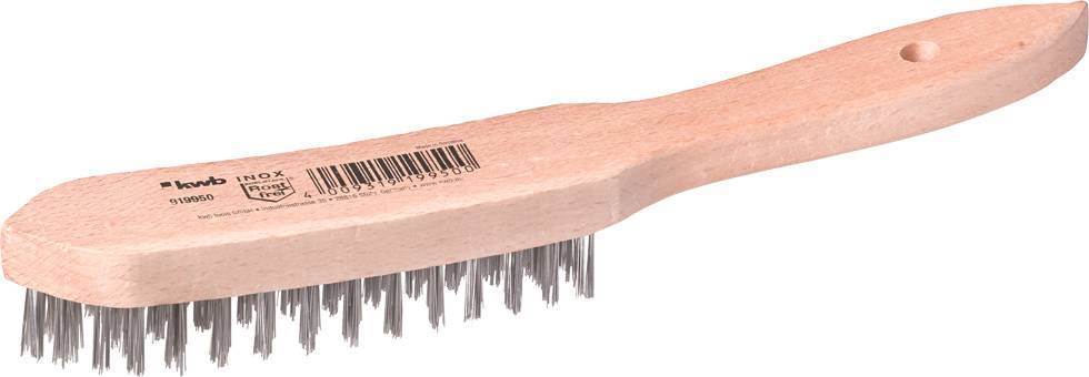 Träborste med metallborst och ergonomiskt handtag, lämplig för att avlägsna ludd och smuts från klädesplagg.