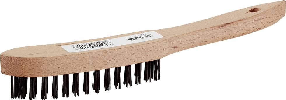Träborstad med svarta borst, rektangulär form, streckkodsetikett på ovansidan.