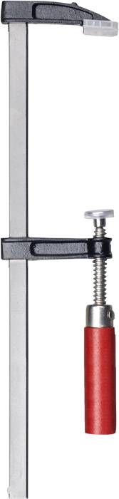 En metallkläm med ett röd lackerat handtag, använd för att fixera objekt.