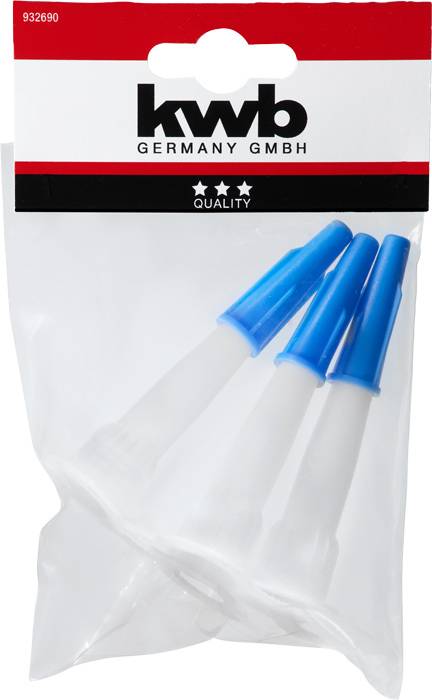 Tre plastmunstycken med blå spetsar, förpackade i en genomskinlig påse med logotypen 'kwb GERMANY GMBH Quality'.