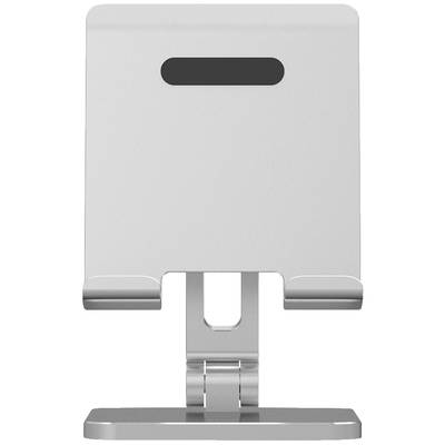 Grå, höjdjusterbar tablet- eller smartphonehållare i metall med rektangulär bas och justerbart gångjärn.