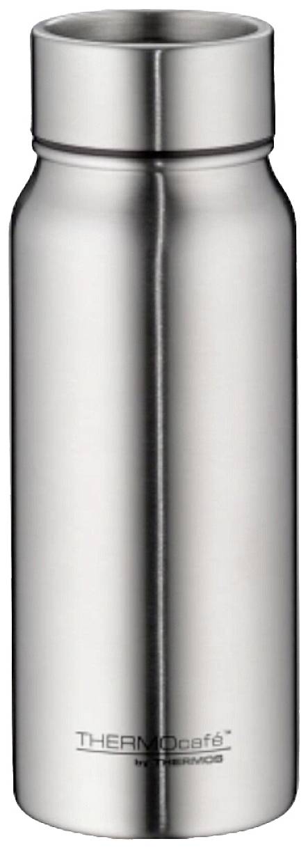 En silverfärgad termosflaska i rostfritt stål med cylindrisk form och 'ThermoCafe by THERMOS' logotyp längst ner.