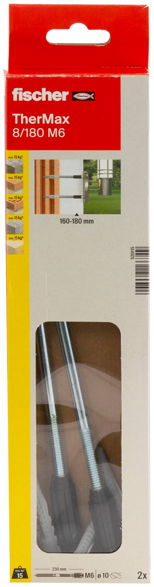 Förpackning för fischer TherMax 8/180 M6 väggmonteringsspärrar, visar produktbild och storleksintervall 180-180 mm.