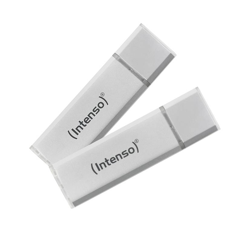 Två silverfärgade USB-minnen av märket 'Intenso' ligger diagonalt över varandra. Båda minnena har en enkel design utan synliga anslutningar.