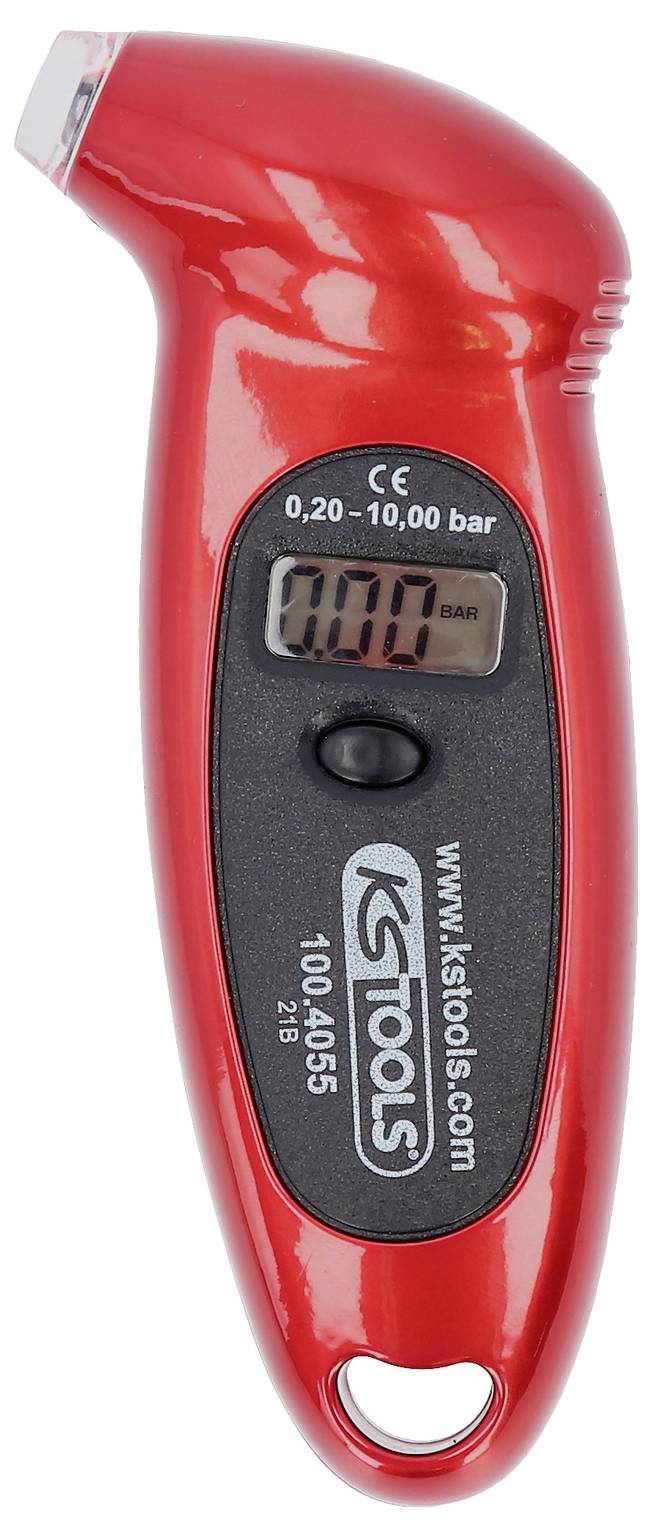 Röd handhållen digital däcktrucksmätare med LCD-display, knapp och "KSTOOLS"-märkning.
