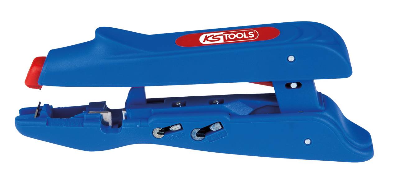 Blå kabelavmantlare från KS Tools med ergonomiskt handtag, lämplig för precisionsavisolering av elektriska kablar.