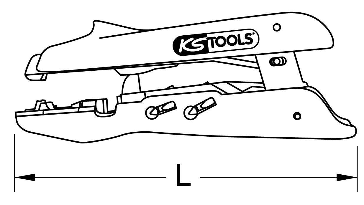 Teckning av en hävstång med klämma med texten 'KS TOOLS'. En pil visar längden 'L'.