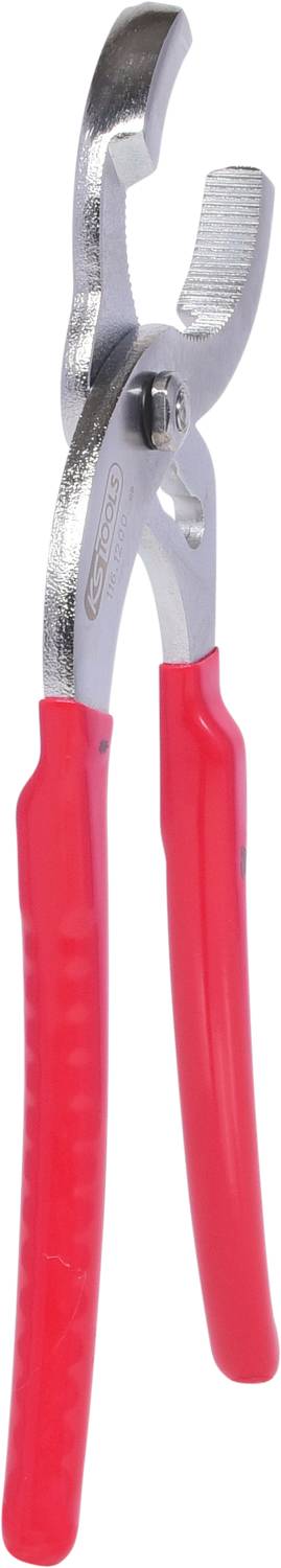 Silvrig rörtång med röda handtag, öppen. Används för att greppa och vrida rör eller fästen.