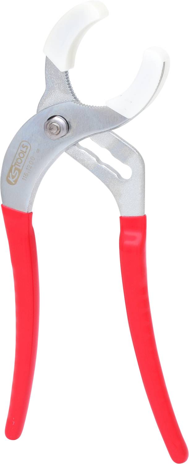 Rörtång med röda handtag och vita käftar, lämplig för rundmaterial.