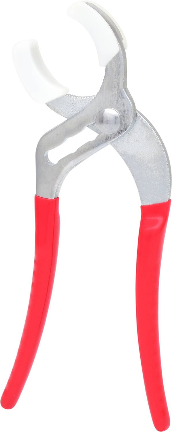 Röd rörtång med vita käftar, i öppet läge, mot vit bakgrund.