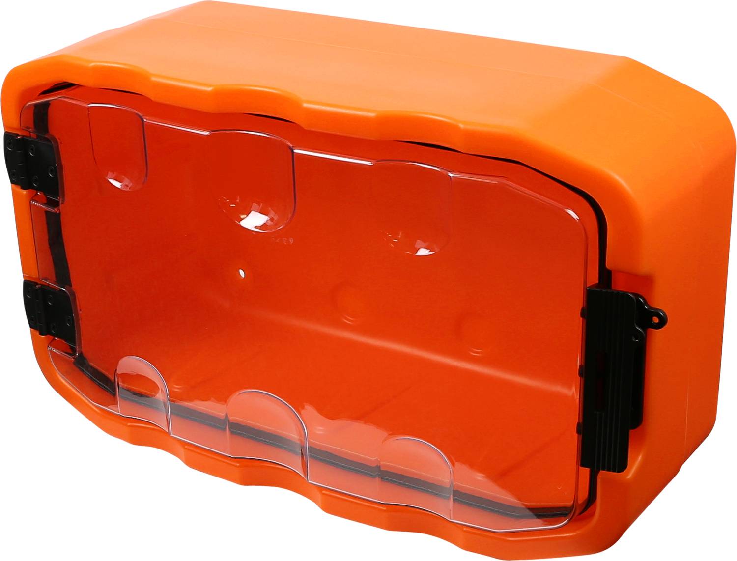 En orange, rektangulär plastbehållare med genomskinligt lock och svarta gångjärn, avsedd för förvaring.
