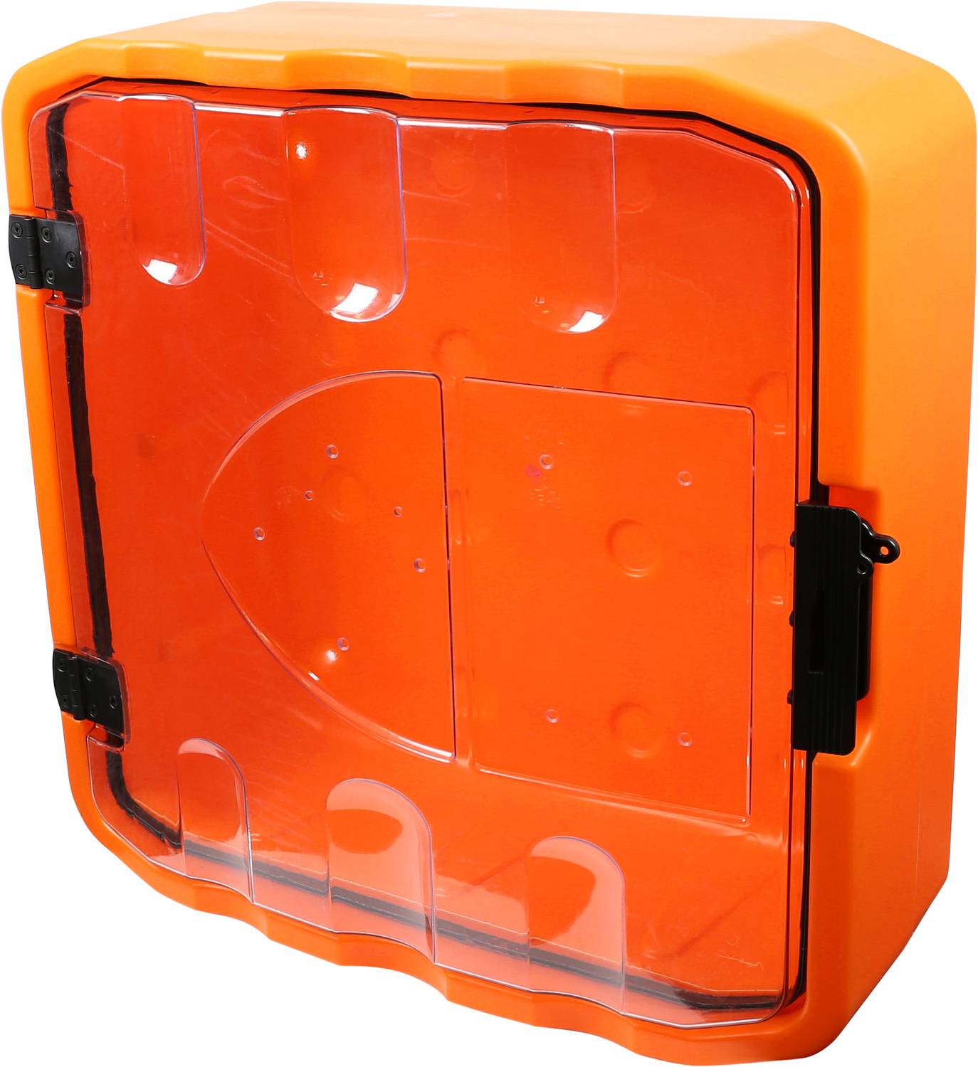 Orange väggmonterad skyddsbox med genomskinlig front. Lämplig för förvaring av räddnings- eller första hjälpen-utrustning.