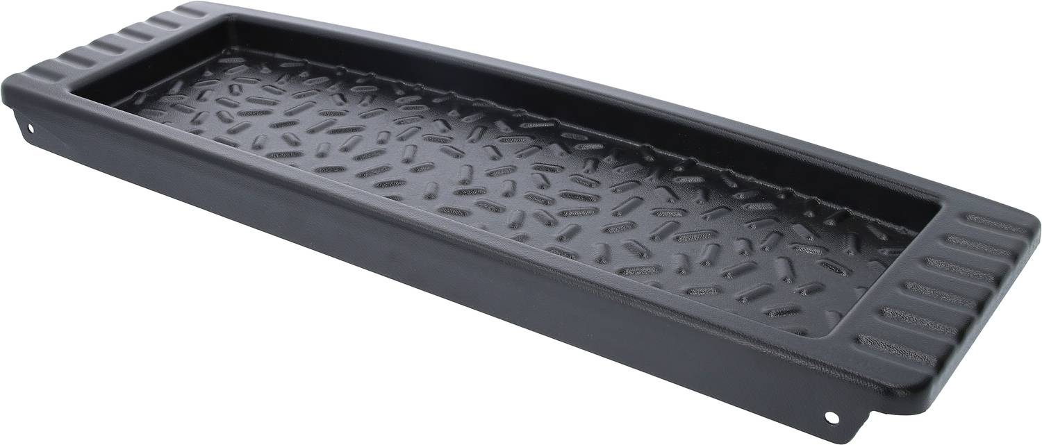 Svart plastförvaringslåda med räfflat bottenmönster för säker förvaring av föremål i verkstäder eller garage.