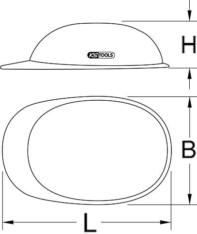 Diagram över en oval skyddshjälm med sido- och ovanifrånvy. Mått är markerade med L för längd, B för bredd och H för höjd.