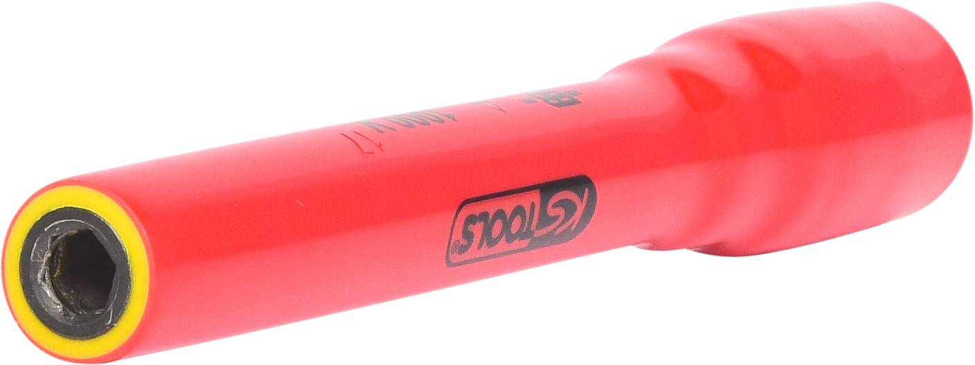 Röd stoppnötsadapter med sexkantig öppning och gul ring, märkt med 'Stools'. Lämplig för verktyg eller maskiner.