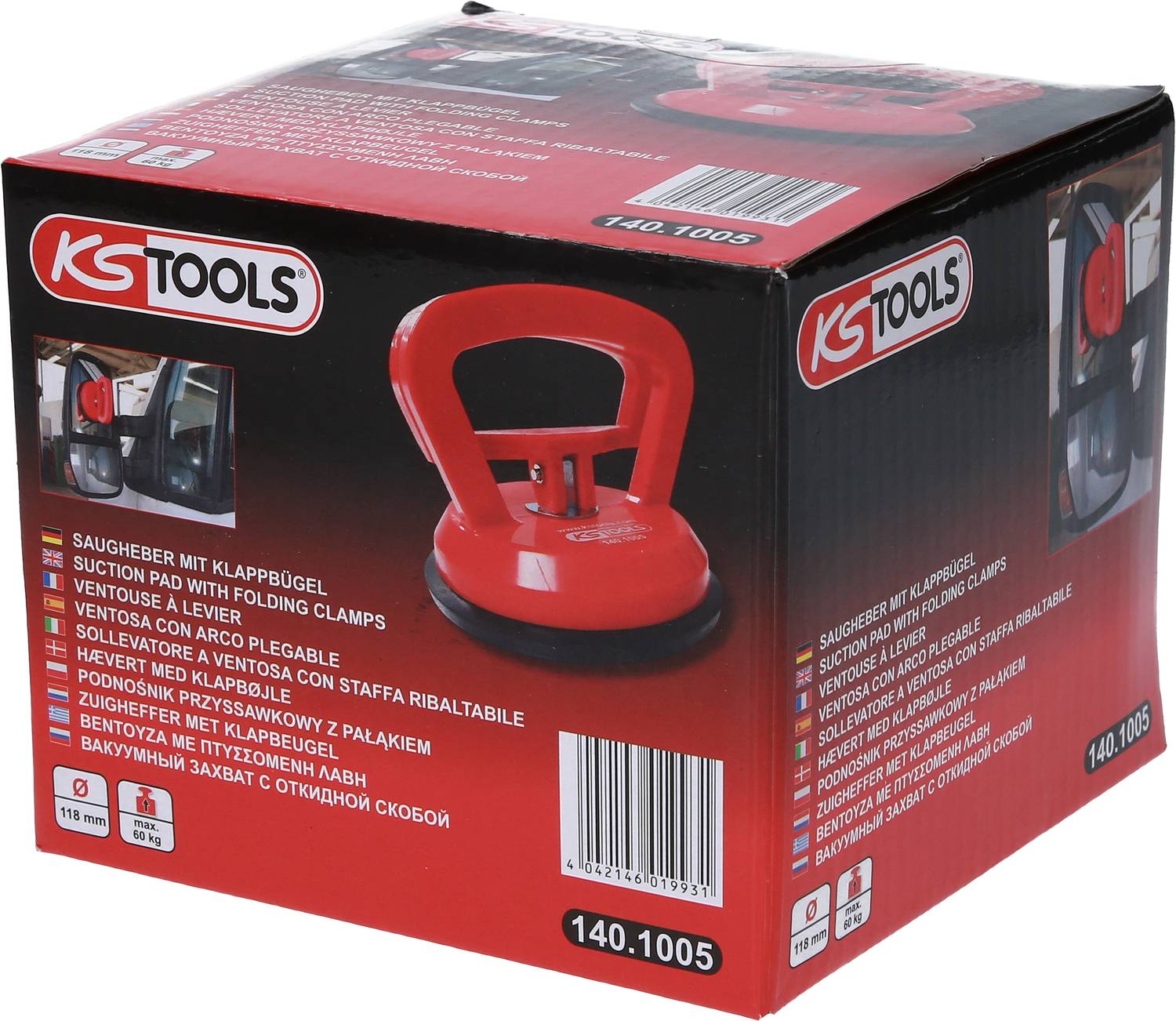Röd 'KS Tools' suglyftarförpackning med produktavbildning och specifikationslista på flera språk.