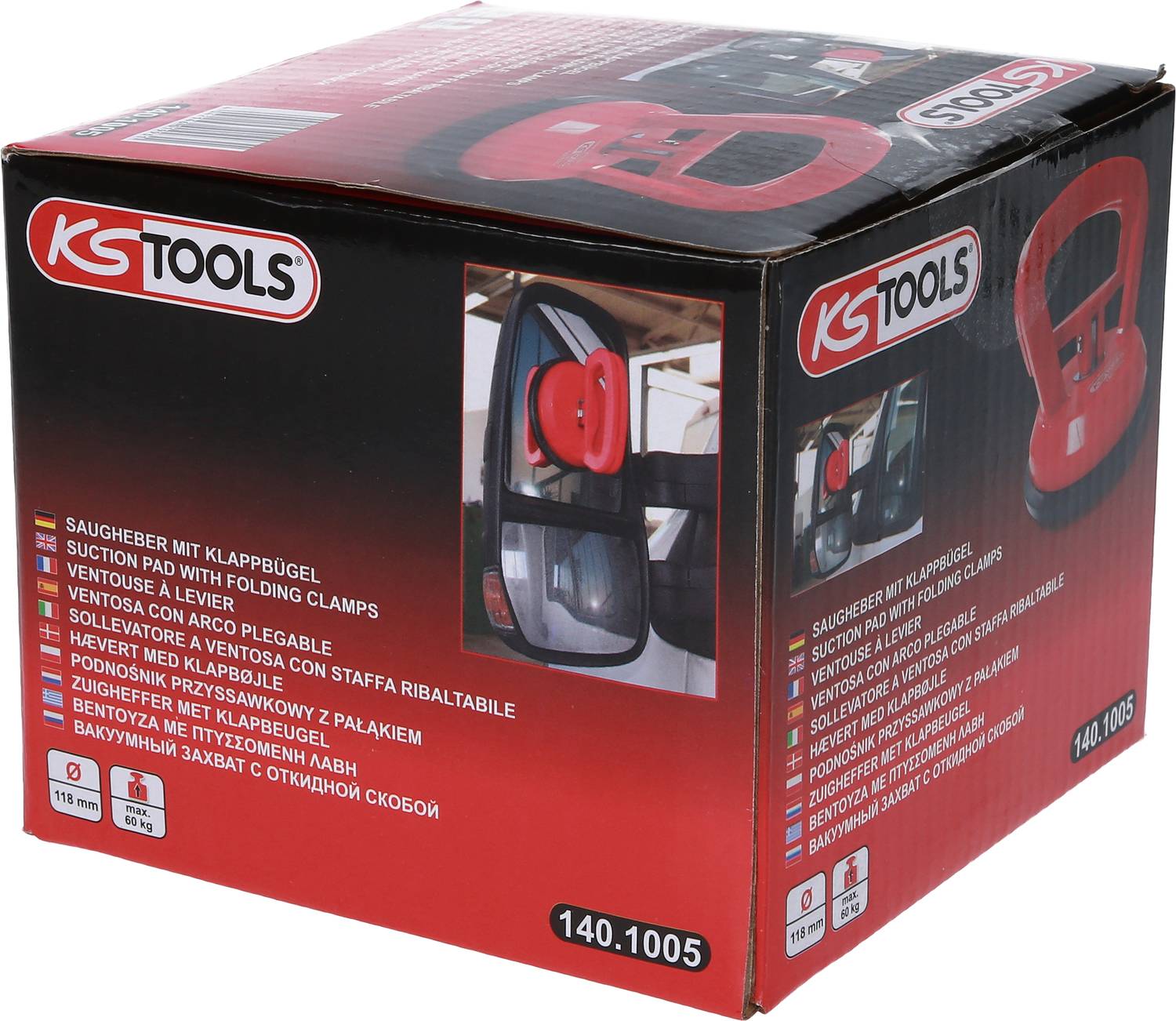 En förpackning från varumärket KS Tools visar en sugkopp med ett vikbart handtag. Text på flera språk beskriver funktionen.